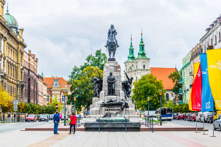 KRAKOW, POLAND, AUGUST 11, 2016: People are standing in front of the Grunwald monument in Krakow, Poland.のeditorial素材