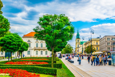 WARSAW, POLAND, AUGUST 12, 2016: People are strolling through the krakowskie przedmiescie street in Warsaw, Polandのeditorial素材