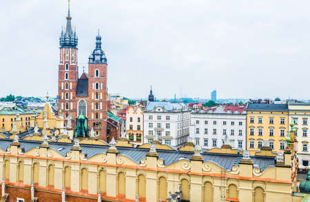 KRAKOW, POLAND, AUGUST 11, 2016: Aerial view of the church of Saint Mary in the polish city Cracow / Krakow.のeditorial素材