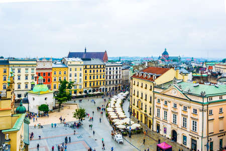 KRAKOW, POLAND, AUGUST 11, 2016: Aerial view of the rynek glowny square in the polish city Cracow / Krakow.のeditorial素材