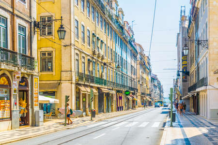 LISBON, PORTUGAL, SEPTEMBER 4, 2016: View of a narrow street in the historical center of Lisbon, Portugal.のeditorial素材