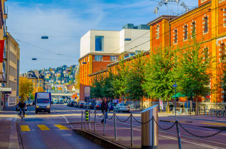 ZURICH, SWITZERLAND, OCTOBER 24, 2015: View of Limmatstrasse in swiss city zurich with tram line reaching up to the main train station.のeditorial素材