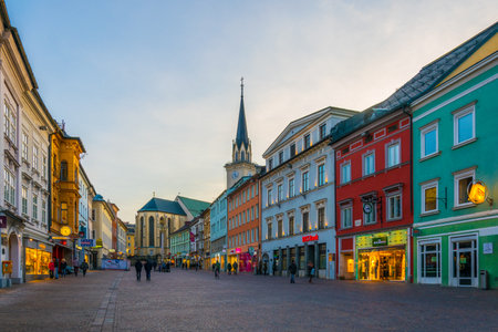 VILLACH, AUSTRIA, FEBRUARY 20, 2016: View of the main square main square of the austrian city villach during sunset.のeditorial素材