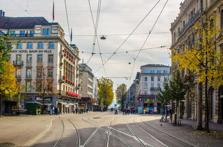 ZURICH, SWITZERLAND, OCTOBER 25, 2015: Traffic and shopping mall on Bahnhofstrasse in Zurich, Switzerland. Bahnhofstrasse is one of the most expensive shopping streets in the world.のeditorial素材