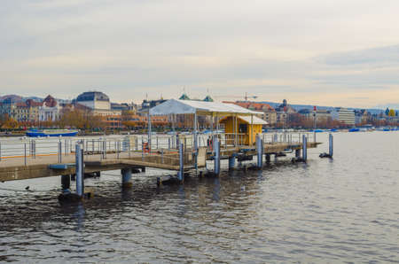 ZURICH, SWITZERLAND, OCTOBER 24, 2015: View of a pier situated on the zurich lake in switzerlandのeditorial素材