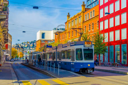 ZURICH, SWITZERLAND, OCTOBER 24, 2015: View of Limmatstrasse in swiss city zurich with tram line...