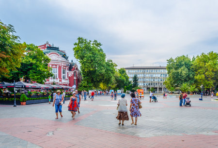 VARNA, BULGARIA, AUGUST 8, 2014: People are strolling through a pedestrian boulevard in Varna, Bulgaria.のeditorial素材