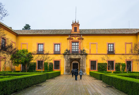 SEVILLA, SPAIN, JANUARY 7, 2016: people are walking over the main courtyard of the real alcazar...