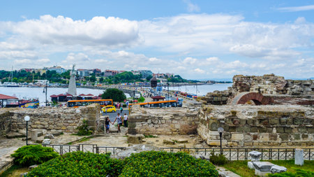 NESSEBAR, BULGARIA, JULY 14, 2015: View of the ancient main gate of nessebar city in Bulgaria which is part of the unesco world heritage and popular tourist destination for summer visitors of the countryのeditorial素材
