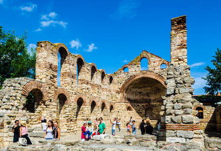 NESEBAR, BULGARIA, JULY 17, 2015: People are strolling around famous church in nesebar - Saint Sophia - UNESCO World Heritage Site.のeditorial素材
