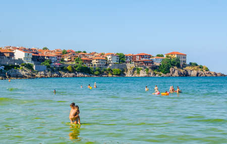 SOZOPOL, BULGARIA, JULY 17, 2015: Central beach and view of the Old Town. Sozopol was founded in the 7th century BC by Greek colonists. Today it is one of the major seaside resorts in the countryのeditorial素材