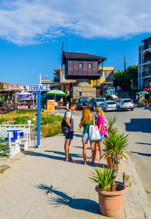 SOZOPOL, BULGARIA, JULY 17, 2015: Central beach and view of the Old Town. Sozopol was founded in the 7th century BC by Greek colonists. Today it is one of the major seaside resorts in the countryのeditorial素材