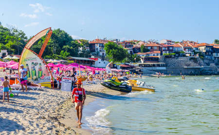 SOZOPOL, BULGARIA, JULY 17, 2015: Central beach and view of the Old Town. Sozopol was founded in the 7th century BC by Greek colonists. Today it is one of the major seaside resorts in the countryのeditorial素材