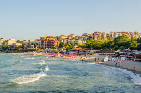 SOZOPOL, BULGARIA, JULY 17, 2015: Central beach and view of the Old Town. Sozopol was founded in the...