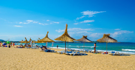 SOZOPOL, BULGARIA, JULY 15, 2015: People are enjoying sunny summer on a beach near bulgarian city sozopol, which is one of the best spots for summer vacation in Bulgaria.のeditorial素材