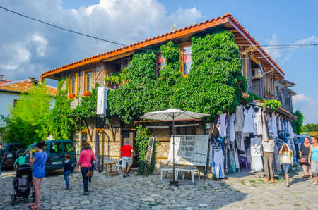 NESEBAR, BULGARIA, JULY 17, 2015: People are strolling during sunny summer day through streets of bulgarian city nesebar which belongs to the unesco world heritage.のeditorial素材