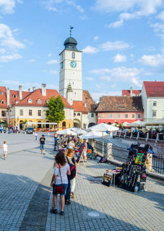 SIBIU, ROMANIA, JULY 6, 2015: View of the Small Square - piata mica, the second fortified square in the medieval Upper town of Sibiu city.のeditorial素材