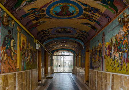 SIBIU, ROMANIA, JULY 6, 2015: detail of a beautiful paintings of the metropolitan of ardeal orthodox archbishopric in romanian city sibiuのeditorial素材