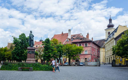 SIBIU, ROMANIA, JULY 5, 2015: View of the main courtyard of the lutheran cathedral of saint mary in romanian sibiuのeditorial素材