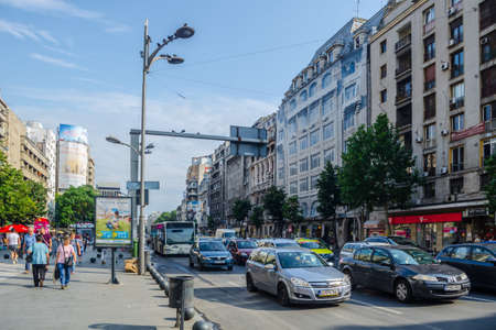 BUCHAREST, ROMANIA, JULY 11, 2015: Boulevard Ion C Bratianu leads down to the shopping district of Piata Unirii.のeditorial素材