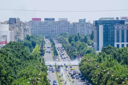 BUCHAREST, ROMANIA, JULY 11, 2015: aerial view of the union boulevard leading towards the romanian parliament in Bucharestのeditorial素材