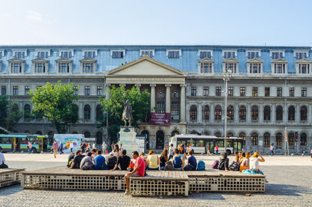 BUCHAREST, ROMANIA, JULY 11, 2015: View of the square in front of the University of Bucharest which is one of the most important institutions of higher education in Romaniaのeditorial素材