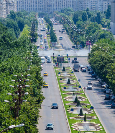 BUCHAREST, ROMANIA, JULY 11, 2015: aerial view of the union boulevard leading towards the romanian...