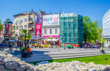 PLOVDIV, BULGARIA, APRIL 7, 2015: Ruins of antique stadium under the main boulevard in bulgarian city plovdiv are uncovered on a small square between shops, restaurants and mosque.のeditorial素材
