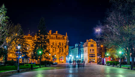 RUSE, BULGARIA, MARCH 25, 2015: night view of the illuminated main square in Ruse, Bulgaria. Ruse (also known as Rousse) is the 5th largest city in Bulgaria with 149 thousand people (2011).のeditorial素材