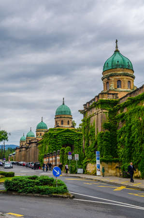 ZAGREB, CROATIA, JULY 28, 2015: Entrance to Mirogoj cemetery with Church of King Christ in Zagreb, Croatiaのeditorial素材