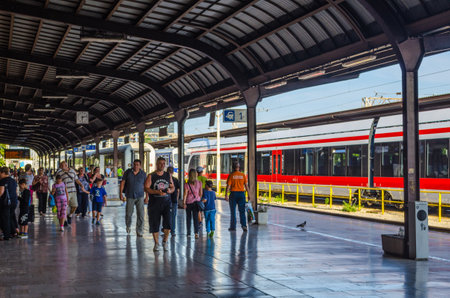 ZAGREB, CROATIA, JULY 28, 2015: People are waiting for a train on a platform of the main train station in the croatian capital zagrebのeditorial素材