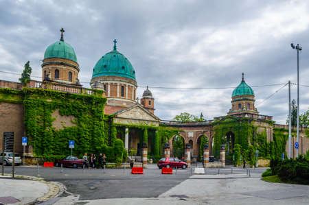 ZAGREB, CROATIA, JULY 28, 2015: Entrance to Mirogoj cemetery with Church of King Christ in Zagreb, Croatiaのeditorial素材