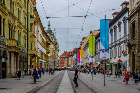 GRAZ, AUSTRIA, JULY 30, 2015: Street view of Herrengasse in the Old City of Graz near Stadtpfarrkirche in Austria in Januaryのeditorial素材