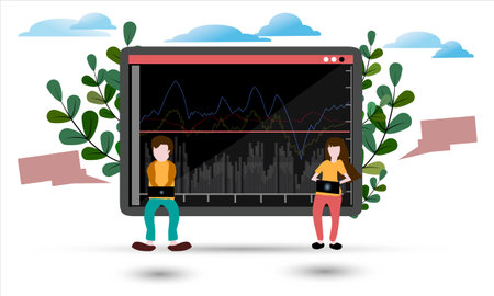 Laptop screen vector illustration, with graphs, investments, stocks, with women and men playing laptops floating in the air.のイラスト素材