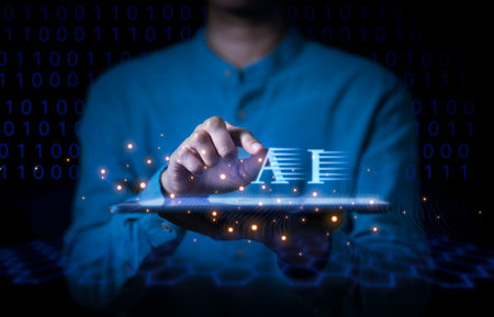 A businessman leverages AI, data connectivity, and online innovation to generate growth ideas and drive business success. This reflects a digital strategy in the era of intelligent robotics and artificial intelligence technology.の写真素材