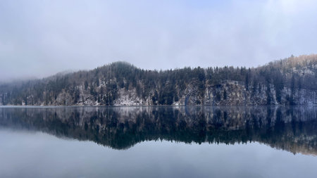 Alpsee in Bavaria on a cold Winter Day - Mirroring Forest in the Water with empty Spaceの写真素材