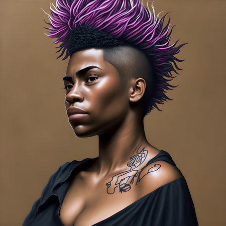 Portrait of a beautiful African American woman with purple hair and black dressの素材