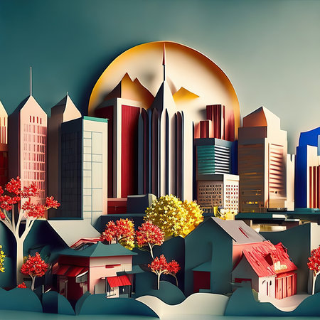 Cityscape with buildings and trees. 3d illustration. Paper cut style.の素材
