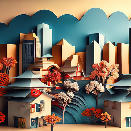 3d render of urban landscape with modern buildings and trees in paper cut styleの素材