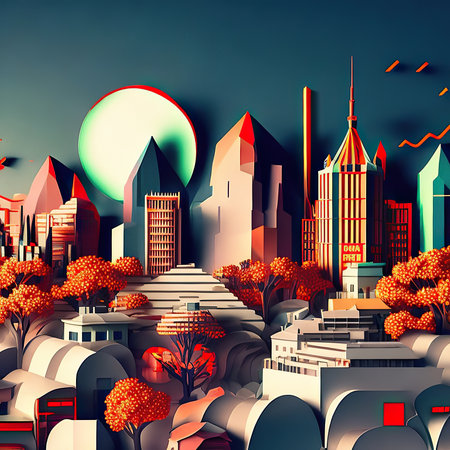 City landscape with buildings and trees. 3d render illustration in retro styleの素材