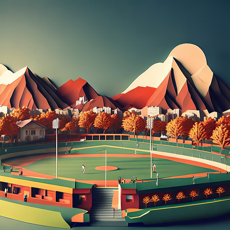 landscape with mountains, trees and golf field, vector illustration.の素材