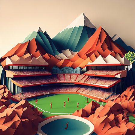 3d render of a soccer stadium with the mountains in the backgroundの素材