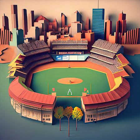 Baseball field with stadium and cityscape in the background. Vector illustration.の素材