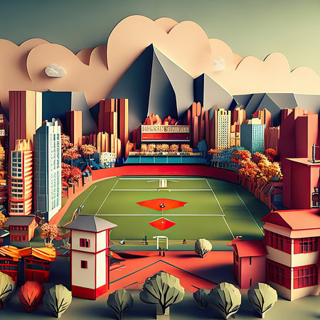 3d illustration of the city landscape with football field and soccer stadiumの素材