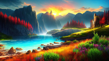Colorful fantasy landscape with mountain lake and forest at sunset. Digital painting. AIの素材