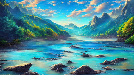 Fantasy landscape with mountain river and blue sky. Digital painting. AIの素材