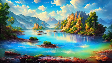 Fantasy landscape with mountain lake and beautiful sky. Digital painting. AIの素材