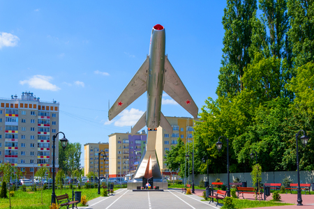 KALININGRAD, RUSSIA - JUNE 13, 2015: Memorial complex "MIG-19" dedicated to those who died in Afghanistan graduates of the Kaliningrad higher aviation technical Collegeのeditorial素材