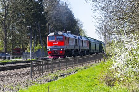 Russian railway freight train transports cargo