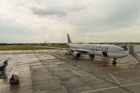 HUNGARY, BUDAPEST - CIRCA 2019: QATAR Airline Airplane getting ready for takeoff at Budapest...